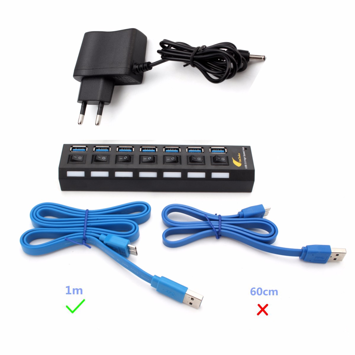 ONCHOICE 7Port USB 3.0 Hub On/Off Switch EU US UK AC Power Adapter For Laptop Desktop 16