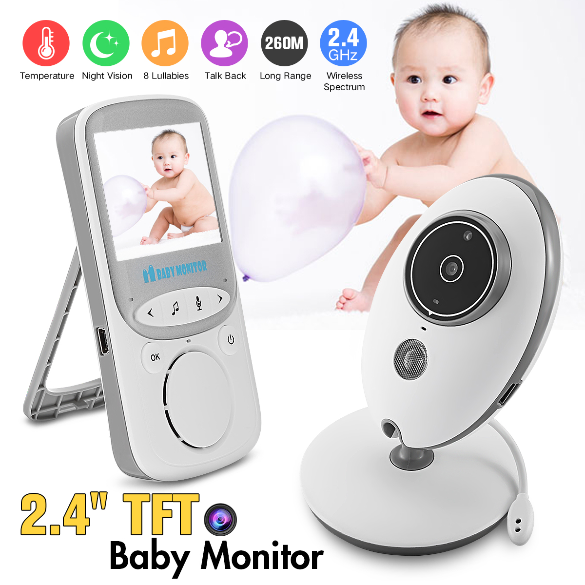 Wireless Baby Monitors 2.4GHz Color LCD Audio Talk Night Vision Video Temperature Music Player 21