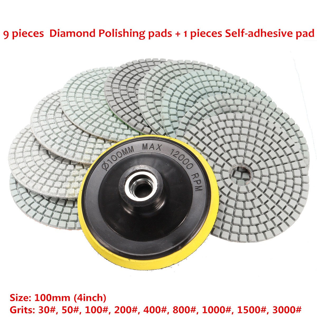 10pcs 4 Inch 30 to 3000 Grit Diamond Polishing Pads Set for Granite Concrete Marble
