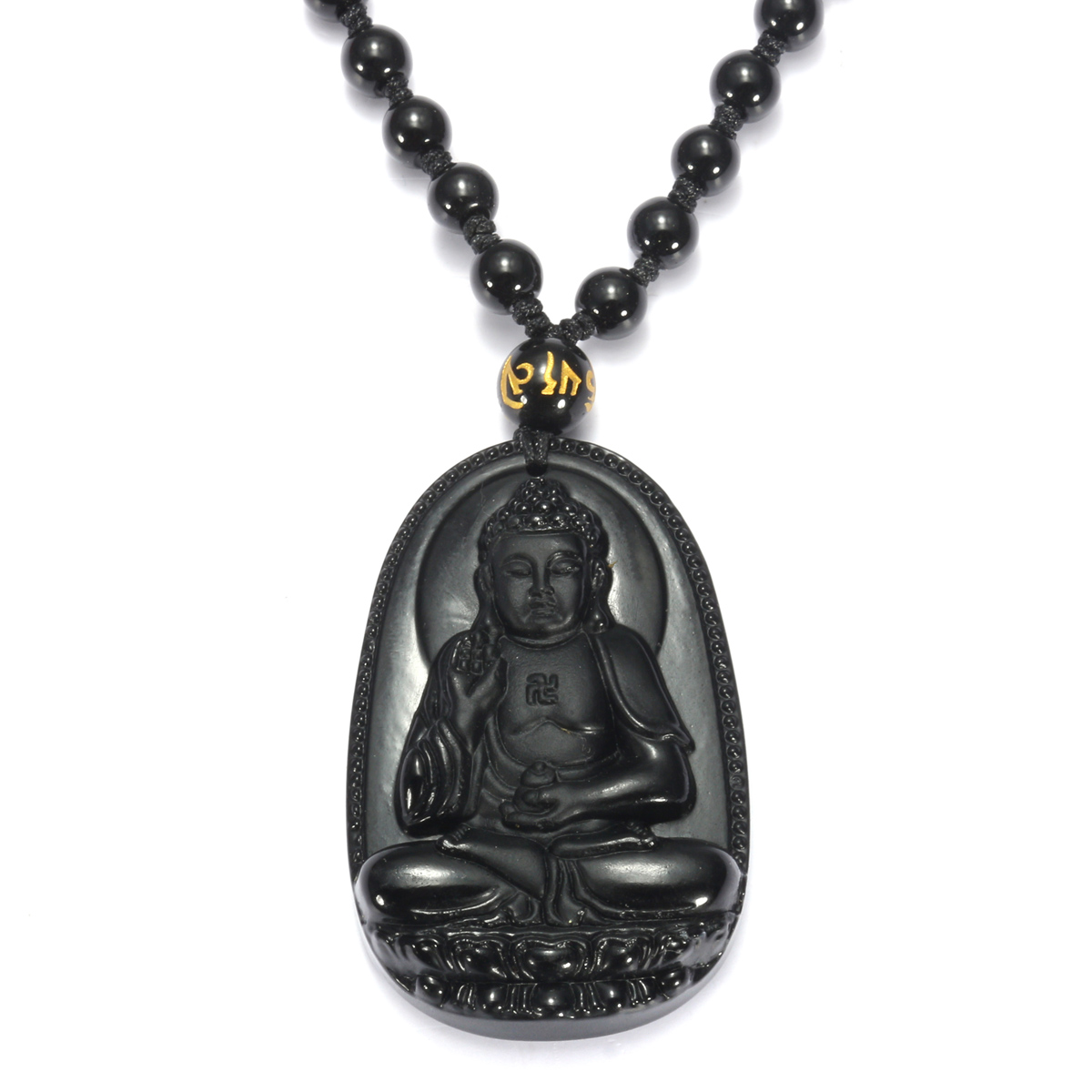 Black Obsidian Amulet Amitabha Buddha Beads Necklace Prayer Gift
