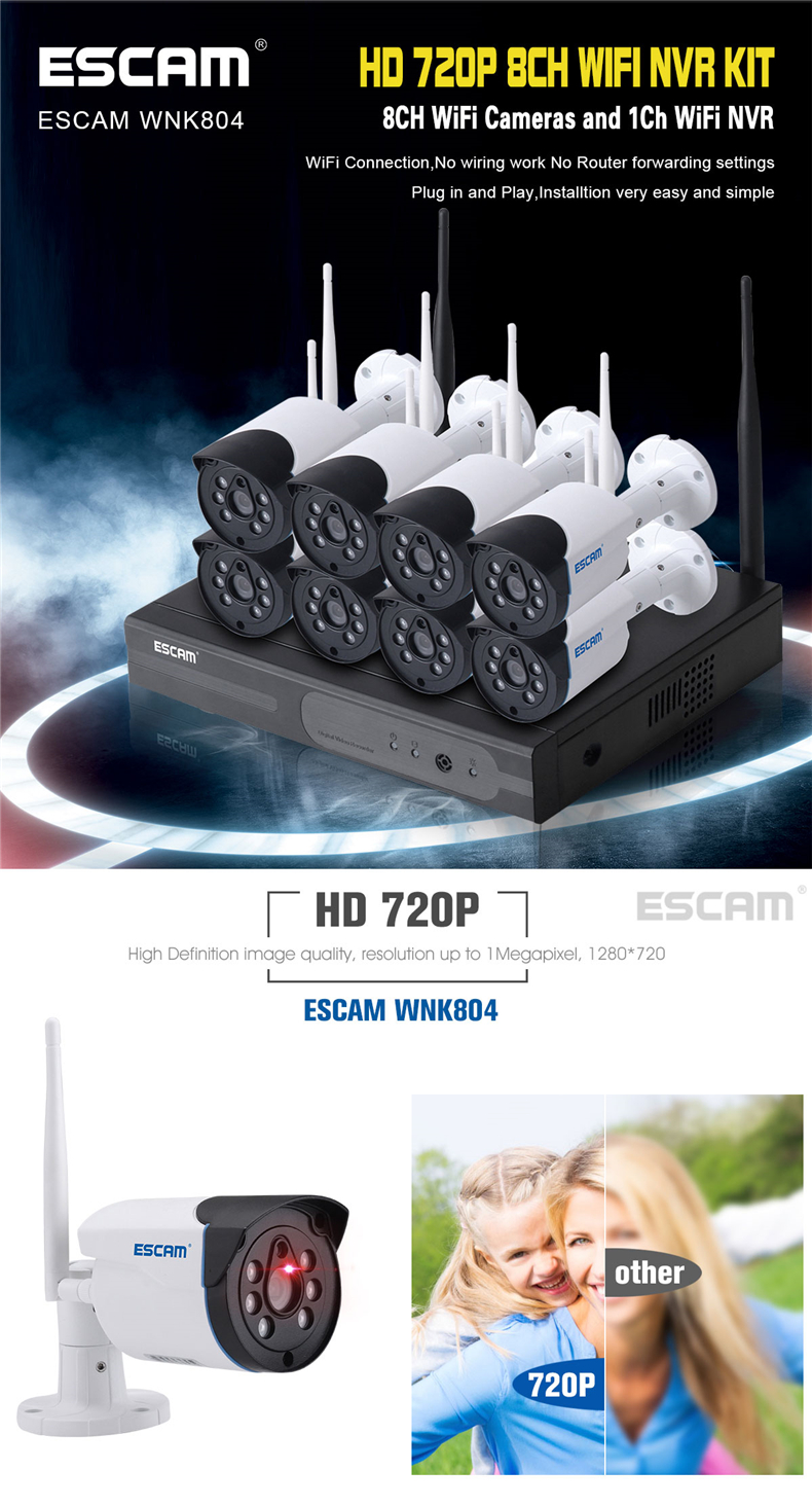 ESCAM WNK804 8CH 720P Wireless NVR Kit Outdoor Night Vision IP Bullet Camera Surveillance System 71