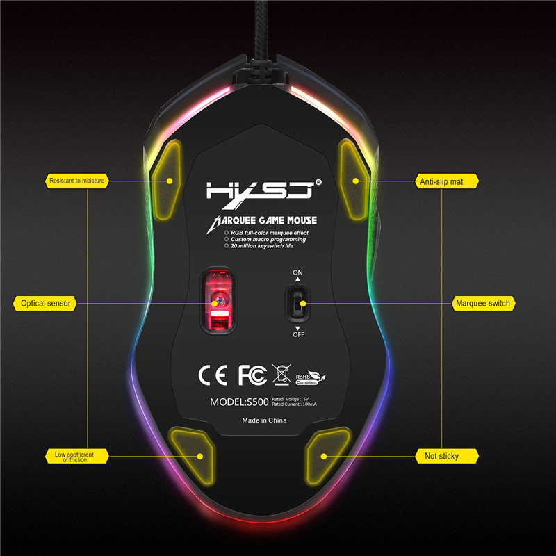 HXSJ S500 RGB Backlit Gaming Mouse 6 Buttons 4800DPI Optical USB Wired Mice Macros Define 11
