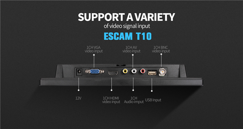 ESCAM T10 10 inch TFT LCD 1024x600 Monitor with VGA HDMI AV BNC USB for PC CCTV Security Camera 21