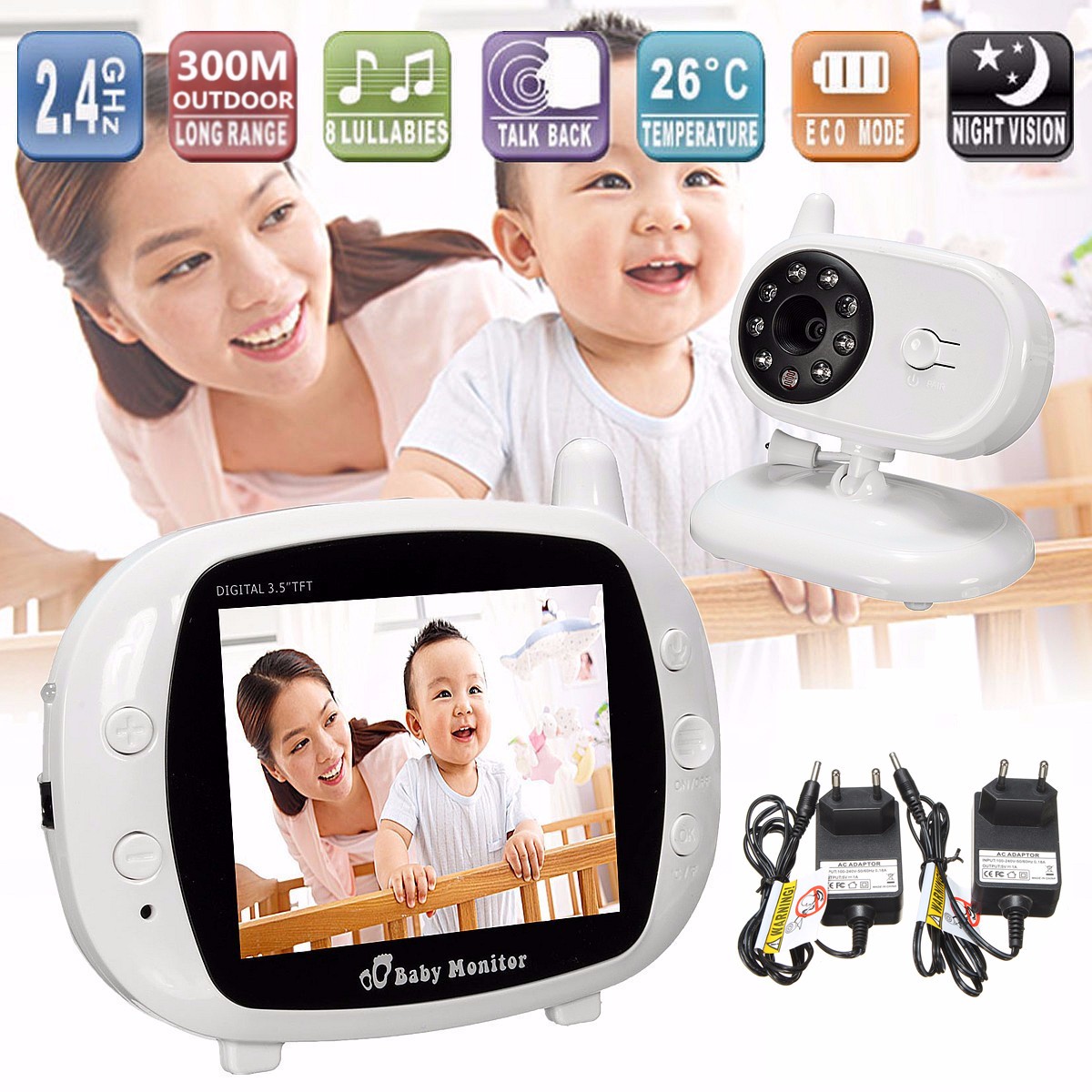 2.4G Wireless Digital 3.5 inch LCD Baby Monitor Camera Audio Talk Video Night Vision 13