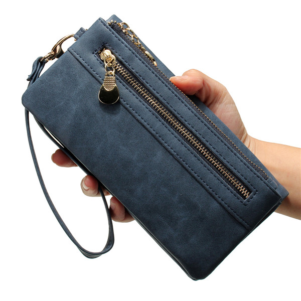 Women Double Zipper Polish Leather Long Wallet Ladies Casual Clutches Purse Card Holder ...