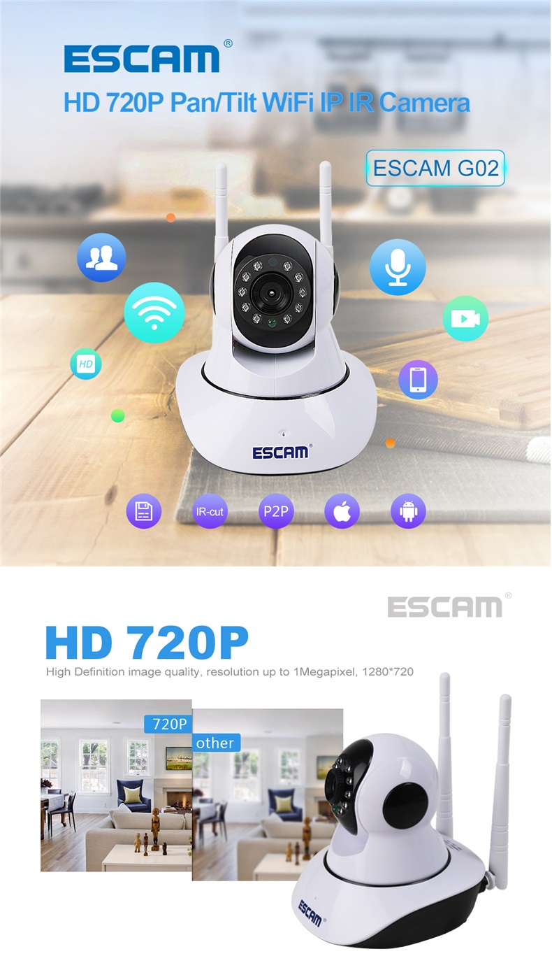 ESCAM G02 Dual Antenna 720P Pan/Tilt WiFi IP IR Camera Support ONVIF Max Up to 128GB Video Monitor 65