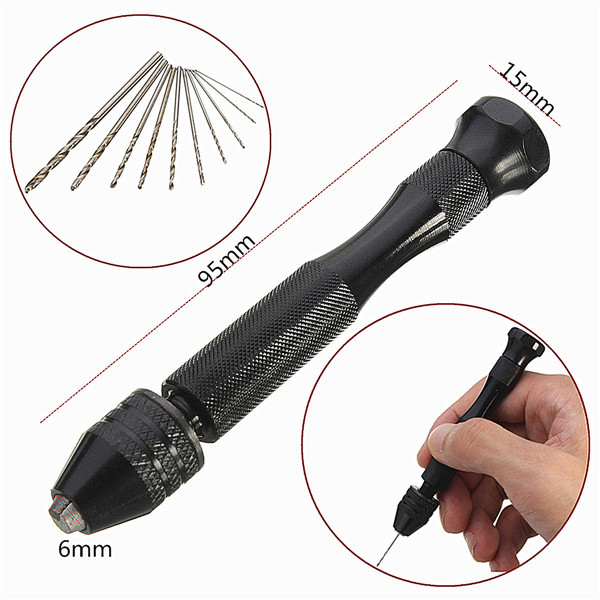 Mini Aluminum Hand Drill with Carving Bench Clamp and 10 Twist Drills