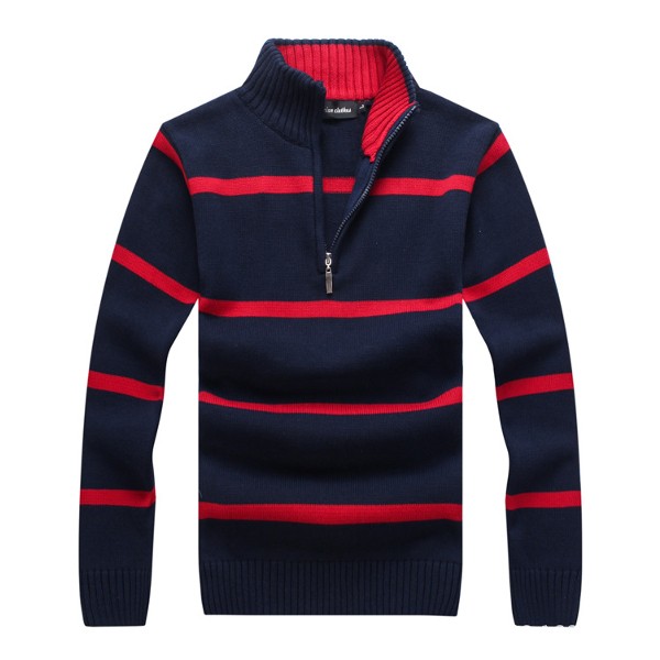 Mens Stripe Stand Collar Zipper Sweater Pullover Knitwear