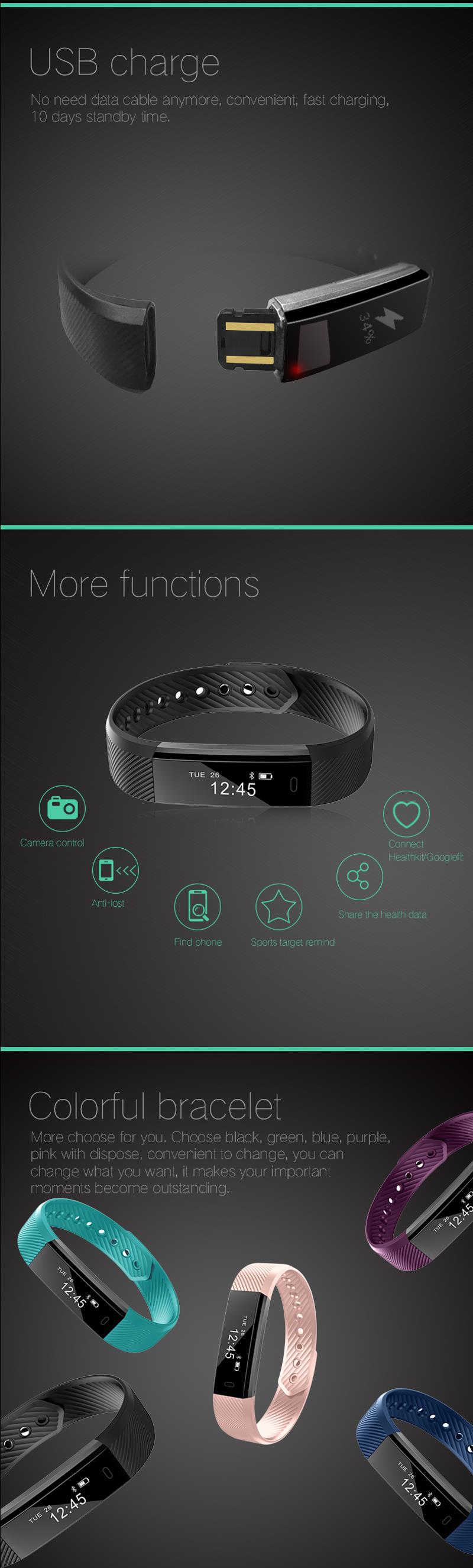 ID115 Фитнес Tracker Умный браслет Счетчик шагов Activity Monitor для Android Wristband IOS