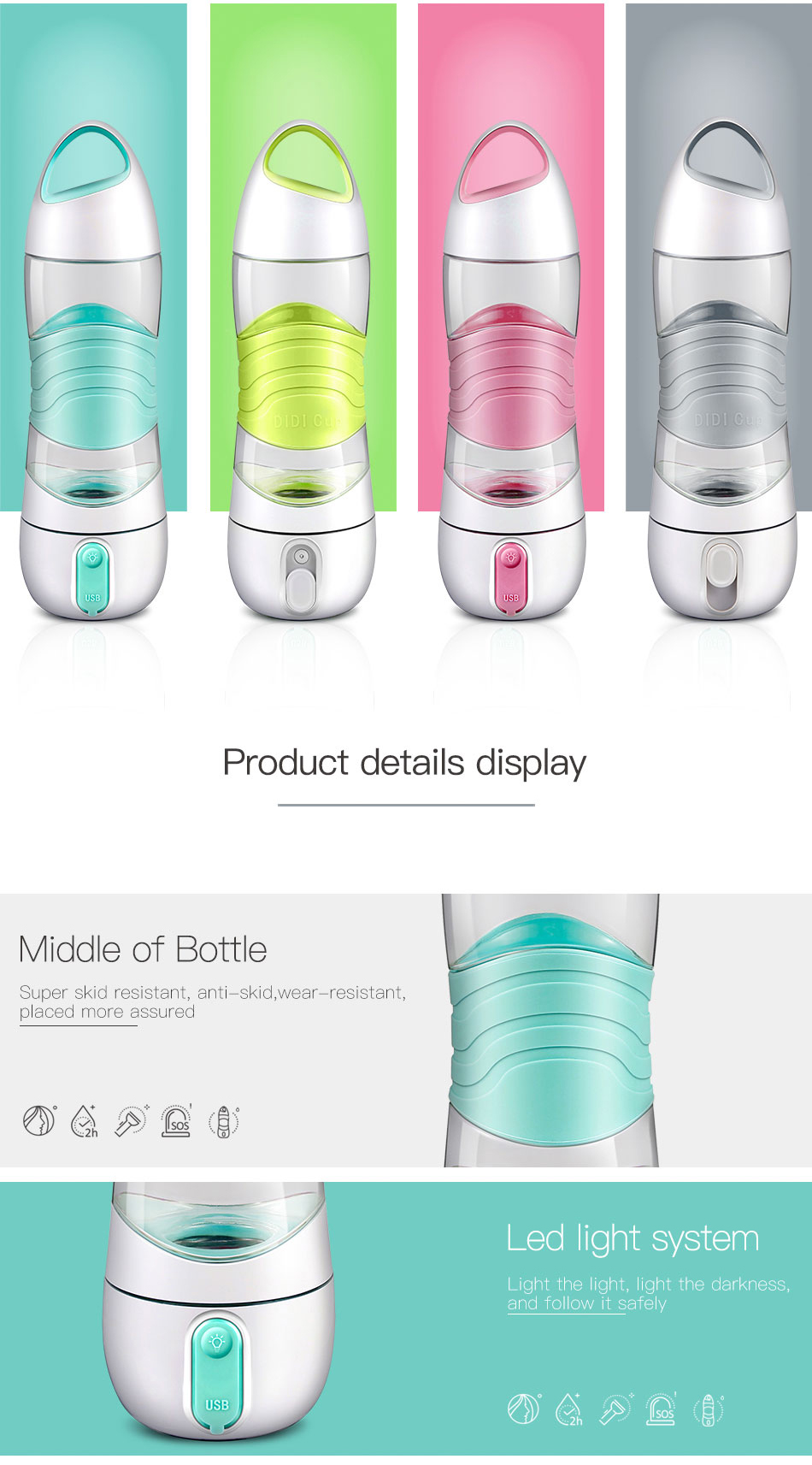 KCASA-DDH8 Portable USB Air Humidifier Spray 400ML Water Bottles Creative Outdoor Drinking Cup Sports Spray Bottle with Light 61