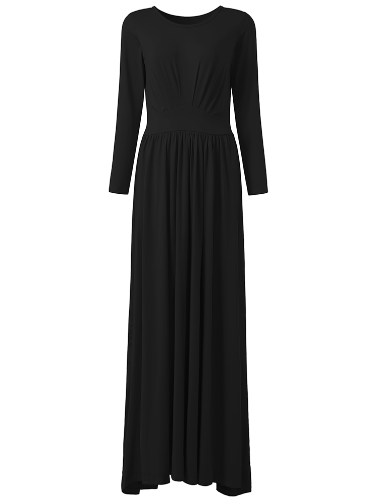 Elegant Women O-neck Long Sleeve Solid Waist Loose Maxi Dress