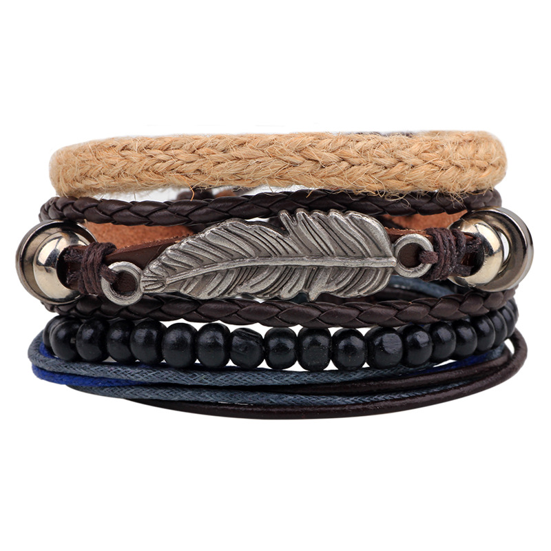 4 types Beads Leaf Woven Leather Bracelet 
