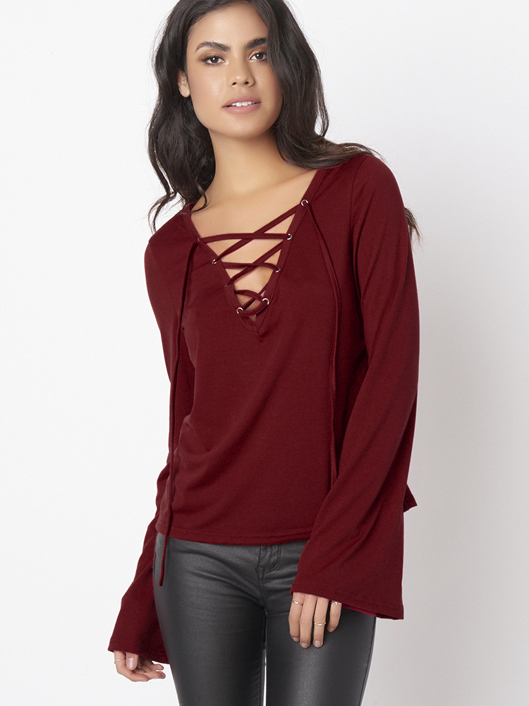 Sexy Women Long Bell Sleeve Deep-V Pure Color Blouses