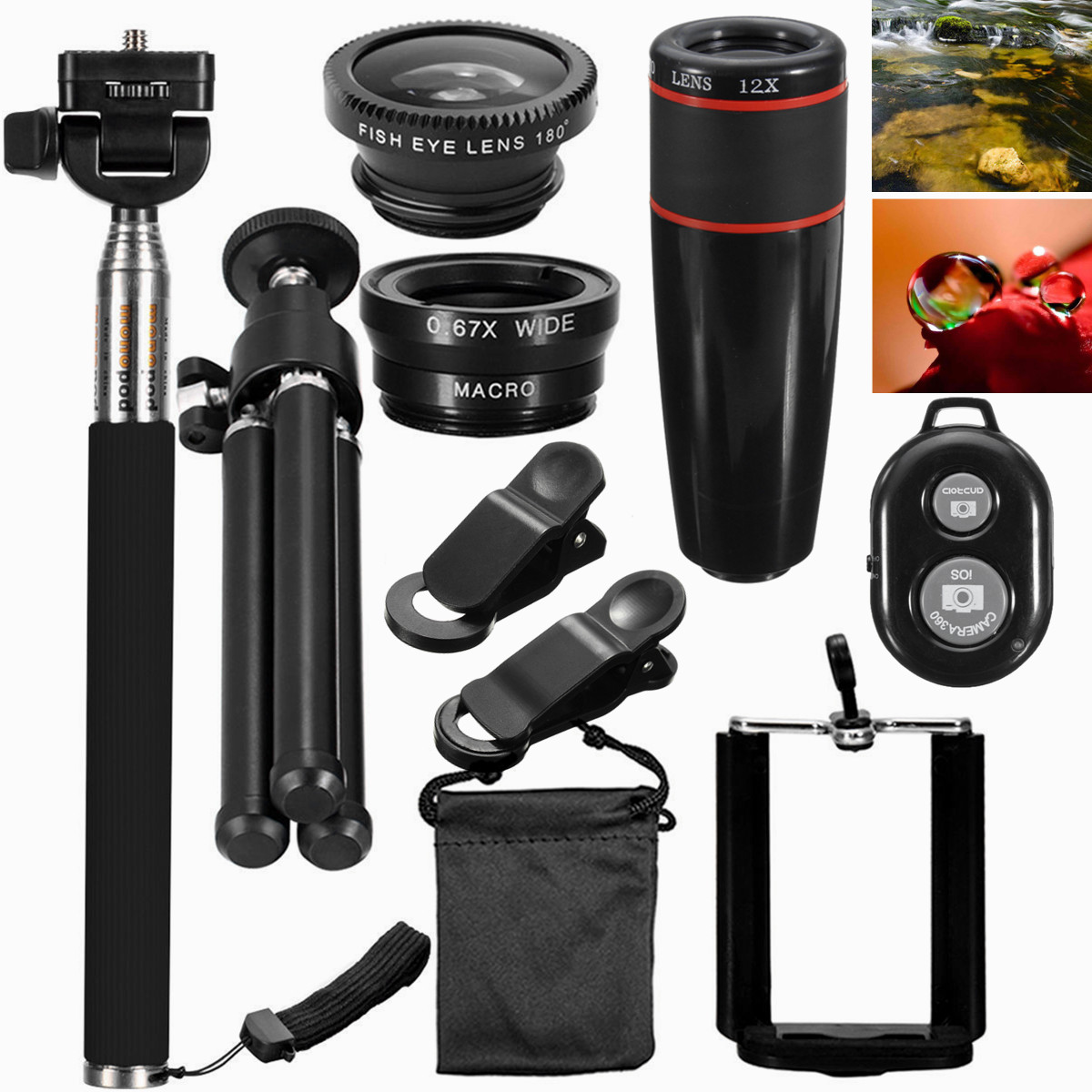 

Universal Travel Set All-in-one 12X 3 In 1 Lens+Telescope + Tripod + Clip + Remote Control for Phone