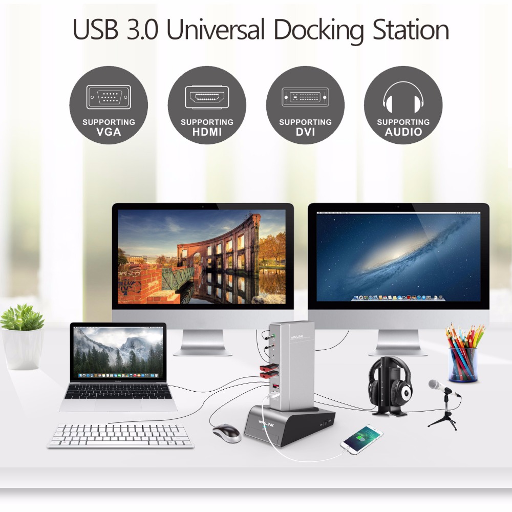 Wavlink USB3.0 Universal Aluminum Coupling Docking Station HDD SSD Box Base Dual Video Monitor HDMI 5