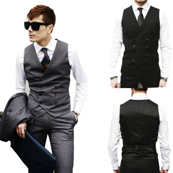 Mens Black Grey Waistcoat Double Breasted Tuxedo Business Suit