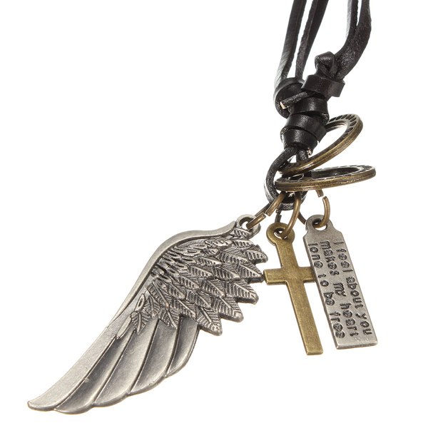$2.1 For Vintage Angel Wings Cross Tag Leather Chain Men Pendant Necklace by HongKong BangGood network Ltd.