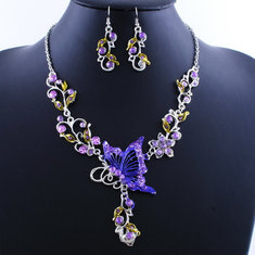 Ethnic Bridal Crystal Butterfly Flower Earring Necklace Jewelry Set