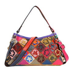 Women Genuine Leather Flower Design Handbags Elegant Patchwork Crossbody Bags Totes