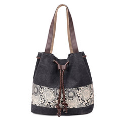 Women Canvas Drawstring Tote Bags Casual Lace Printing Shoulder Bags Large Capcity Shopping Bags