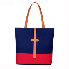 Women Canvas Tote Bags Casual Contrast Color Shoulder Bags Belt Shopping Bags