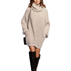 Casual Women Solid Turtleneck Long Sleeve Pullover Knitted Mini Dress