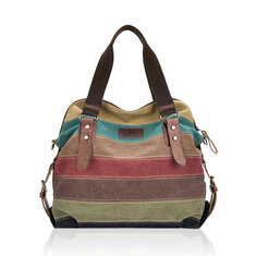 Women Casual Stripe Canvas Handbags Micro-Fibric Leather Shoulder Bags Contrast Color Crossbody Bags