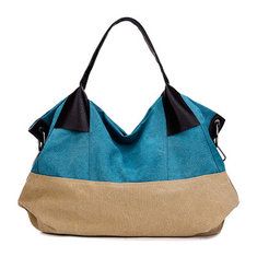 Women Color Block Canvas Handbags Casual Shoulder Bags Large Capcity Crossbody Bags Shopping Bags