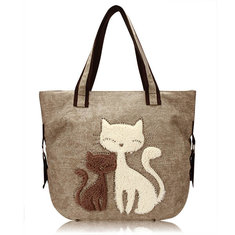 Women Cat Canvas Bags Casual Animal Shoulder Bags Large Capcity Shopping Bags