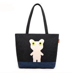 Women Canvas Cartoon Animal Tote Bags Casual Shoulder Bags Large Capcity Shopping Bags