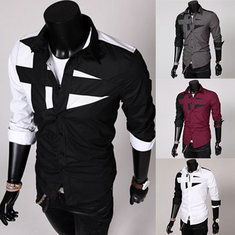 Men's Slim Fit Contrast Color Splicing Long Sleeve Fashion Shirts