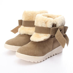 Women Bowknot Faux Fur Lined Comfort Flats Warm Snow Ankle Boots