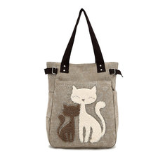 Women Canvas Handbag Cute Cat Shoulder Bag Totes