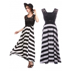 Lace Patchwork Black&White Stripe Long Maxi Dress Beach Party Dress