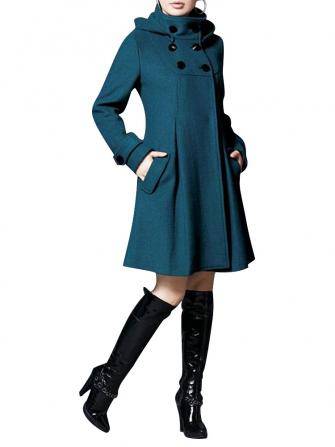 Woollen Hooded Coat Double Breasted Pure Color Wool Overcoat