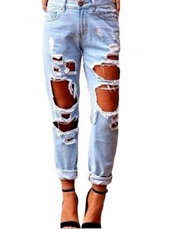 Retro Sexy Women Zipper Ripped Long Denim Jeans