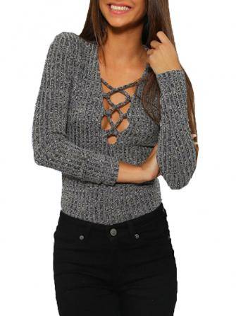 Sexy Casual Slim Gray Lace Up Long Sleeve V Neck Women Knit Blouse