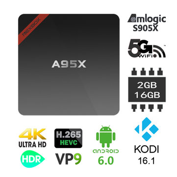 Nexbox A95X Amlogic S905X 2G DDR3 RAM 16G eMMC ROM Android 6.0 2.4G+5.8G Dual Band AC WiFi 4K 60fps Kodi 16.1 Bluetooth 4.0 HDR VP9 H.265 HEVC Android TV Box Mini PC