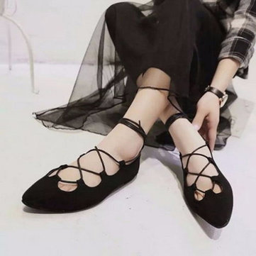 Sweet Flats Women's Pointed Toe Lace Up Strap Base Sandals Holow Out Shoes