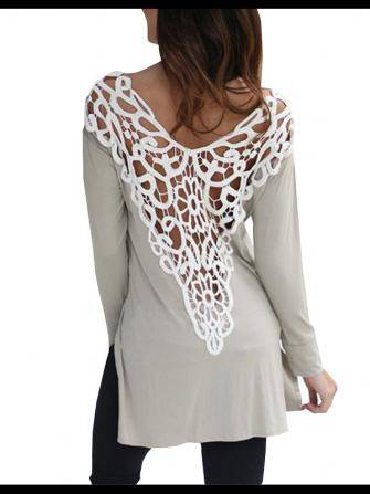 Crochet Patchwork Hollow Out Backless Split Long Sleeve Women T-Shirt