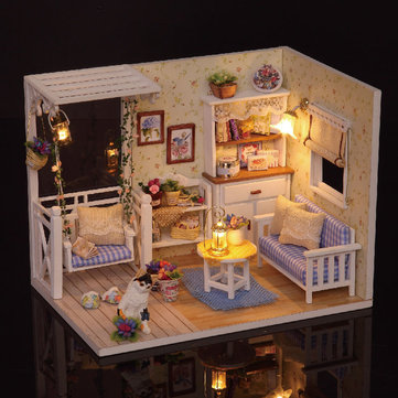 Cuteroom Dollhouse Miniature DIY Kit With LED Light Cover Wood Toy Doll House Room Kitten Diary