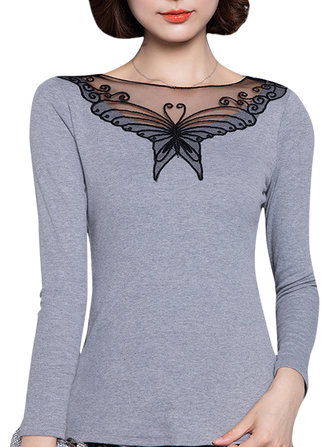 Casual Women Gray Patchwork Lace Long Sleeve Basic T-Shirt