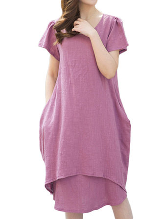 Fake Two-piece Solid Pocket Cotton Linen Dress