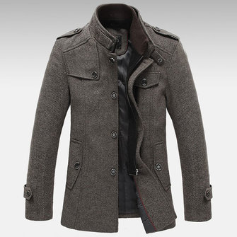 Mens Knitted Stand Collar Wool Blend Tweed Coats Long Jackets