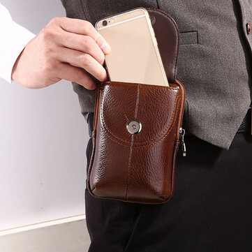 Men 5.5inch Mobile Phone Waist Bag Genuine Leather Cellphone Case