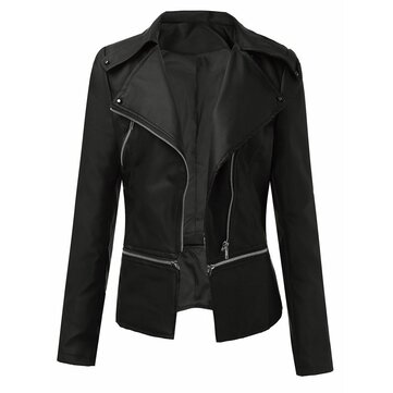 Women's Long Sleeve Artificial Leather Zipper Jacket Outwear