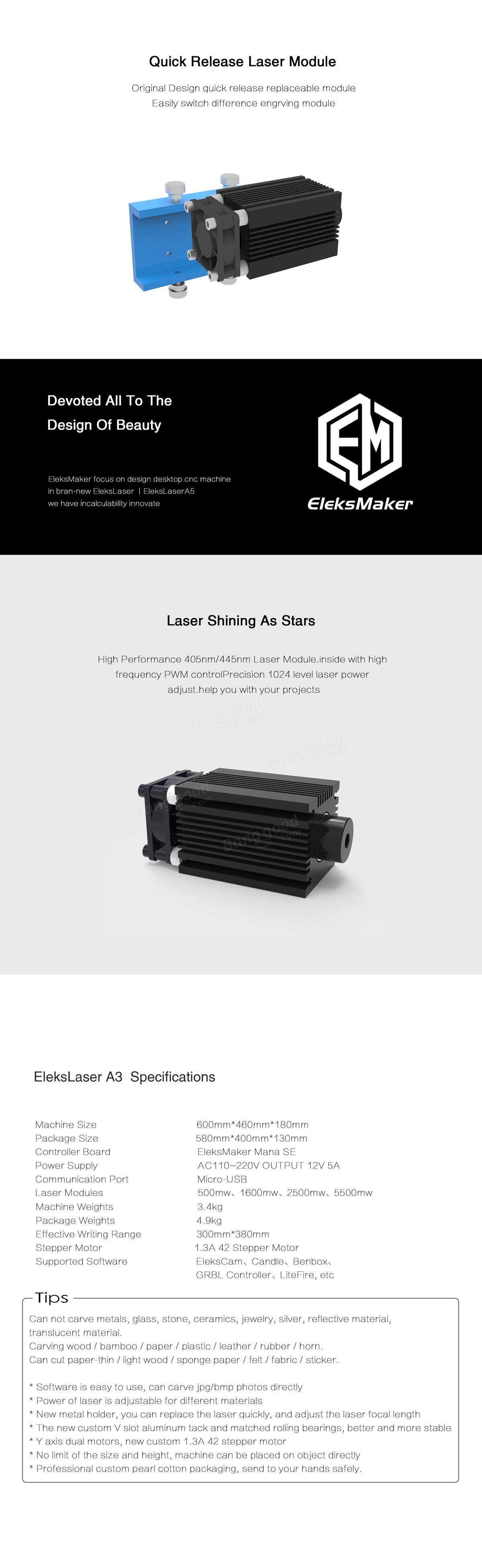 EleksMaker® EleksLaser-A3 Pro 5500mW Laser Engraving Machine CNC Laser Printer