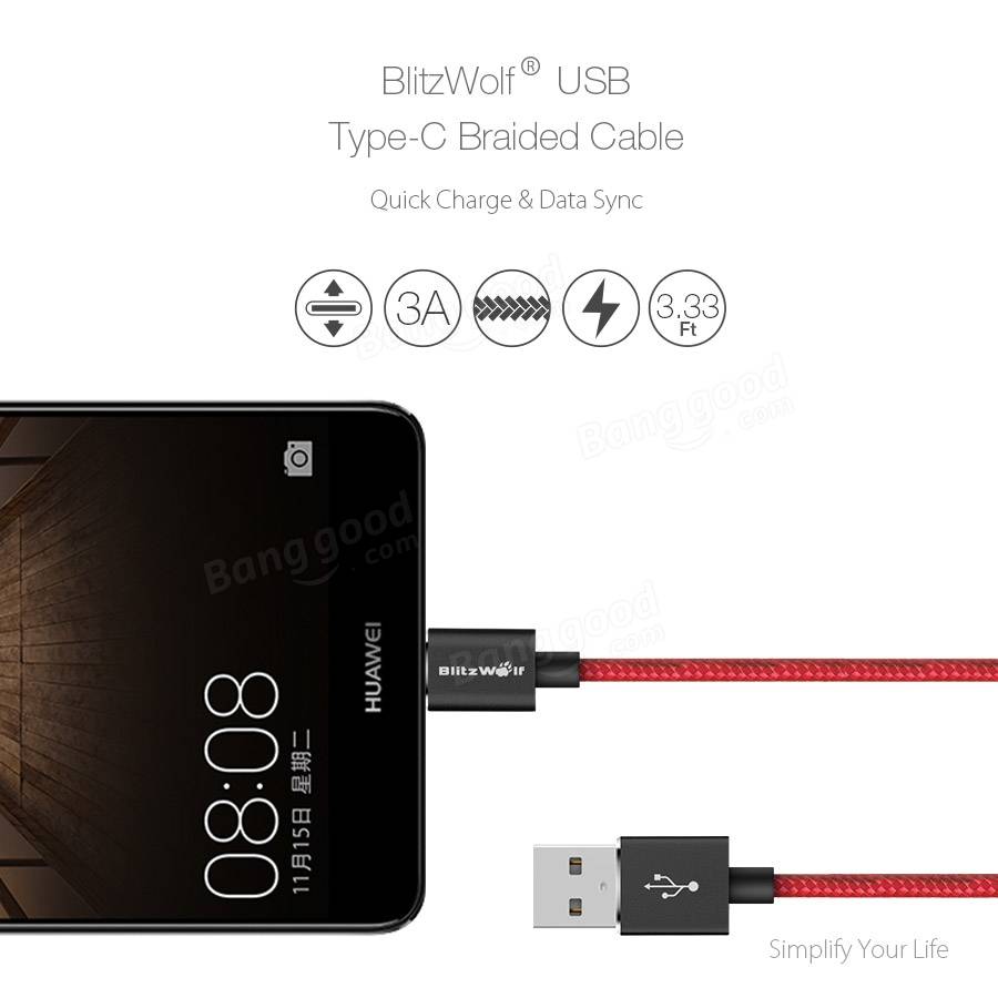 Kabel BlitzWolf® BW-TC1, USB typu C, wsparcie QC, długość 1m za 14zł – Banggood