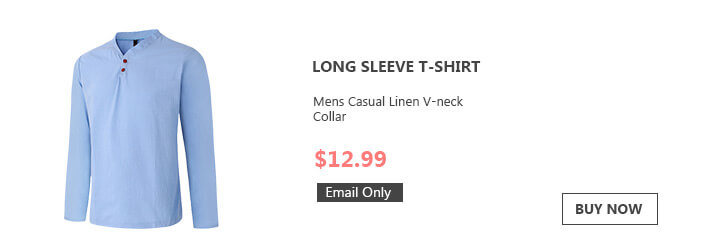 Mens Casual Linen V-neck Collar Long Sleeve T-shirt 