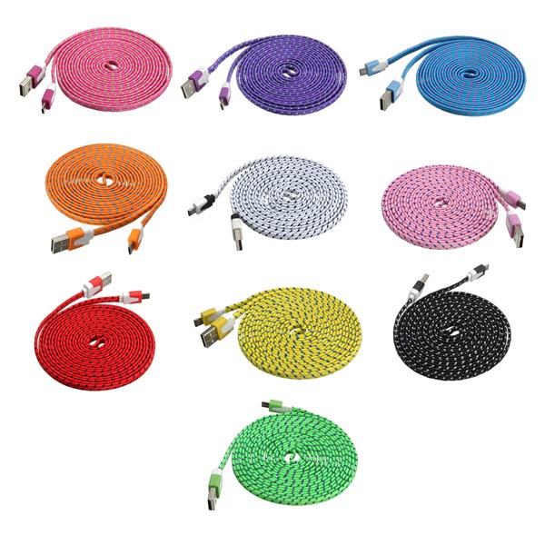 

3M Fabric Braided Flat Micro USB Charger Data Sync Cable For Tablet Cellphone